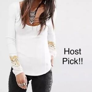 Free People Ivory Knit Top with Embroidered Sleeves